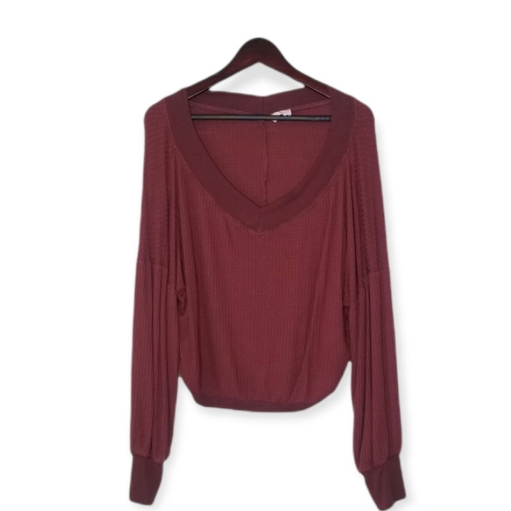 PINK LILY Burgundy Henley V Neck Long Sleeve Top M